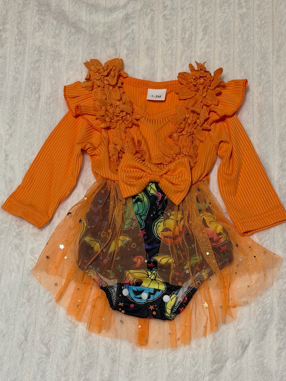 Infant Orange Halloween Tulle Bodysuit Dress with Bow
